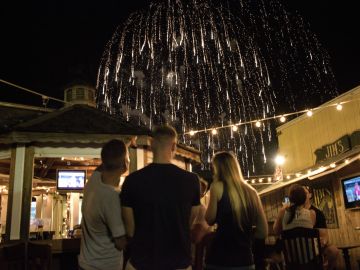 People watch fireworks from the Sand Bar on August 21, 2015 in Oak Bluffs, Massachusetts on Martha's Vineyard. AFP PHOTO/BRENDAN SMIALOWSKI        (Photo credit should read BRENDAN SMIALOWSKI/AFP via Getty Images)