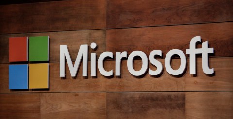 The Microsoft logo is pictured during the annual Microsoft shareholders meeting in Bellevue, Washington on November 29, 2017.  / AFP PHOTO / Jason Redmond        (Photo credit should read JASON REDMOND/AFP via Getty Images)