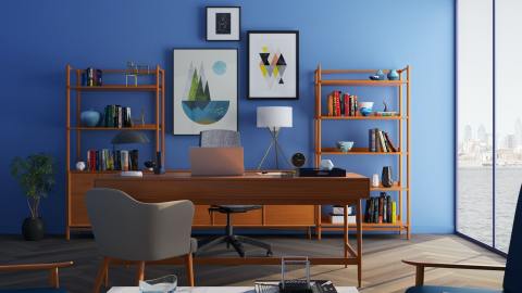 brown-wooden-desk-with-rolling-chair-and-shelves-near-window-667838
