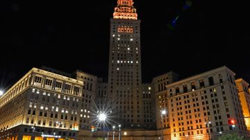 CLEVELAND, OH - AUGUST 28:  Terminal Tower lit with orange, red and yellow in support of Stand Up To Cancer on August 28, 2014 in Cleveland, United States.  (Photo by Duane Prokop/Getty Images)