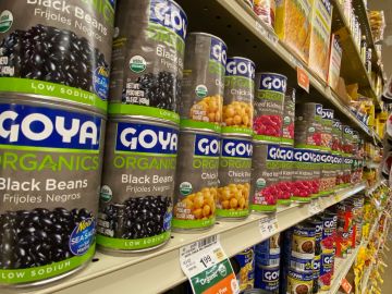 This illustration photo taken on July 11, 2020 shows a selection of Goya food products in a Los Angeles supermarket. (Photo by Chris DELMAS / AFP) (Photo by CHRIS DELMAS/AFP via Getty Images)