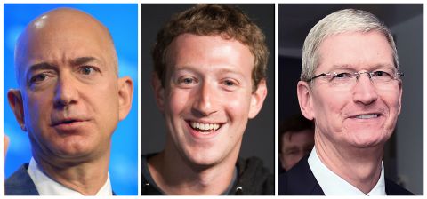This combination of file photo s shows L-R: Amazon founder and CEO Jeff Bezos, Facebook CEO Mark Zuckerberg and Apple CEO Tim Cook.
The heads of Amazon, Apple and Facebook were among powerhouse names April 26, 2016 on an open letter as well as a petition online at change.org calling for the US to become a leader in computer science education in public schools. / AFP / dsk (Photo credit should read DSK/AFP via Getty Images)