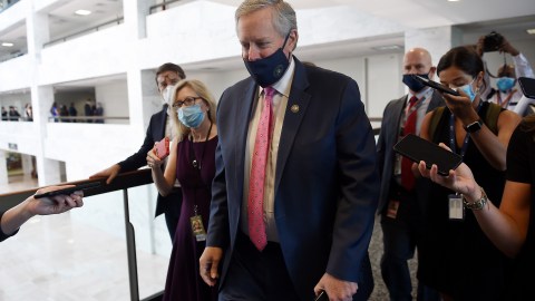 White House chief of staff Mark Meadows leaves a Republican policy luncheon on Capitol Hill in Washington, DC, on July 21, 2020. (Photo by Olivier DOULIERY / AFP) (Photo by OLIVIER DOULIERY/AFP via Getty Images)