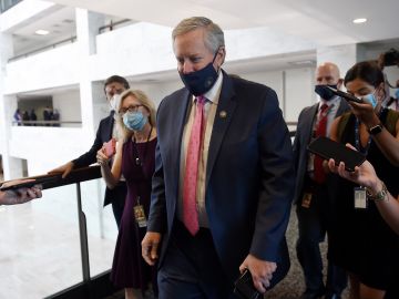 White House chief of staff Mark Meadows leaves a Republican policy luncheon on Capitol Hill in Washington, DC, on July 21, 2020. (Photo by Olivier DOULIERY / AFP) (Photo by OLIVIER DOULIERY/AFP via Getty Images)