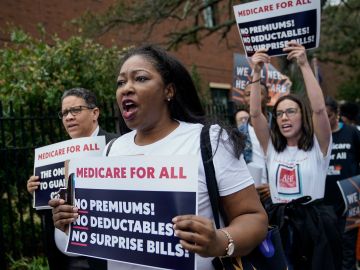 CHARLESTON, SC - FEBRUARY 25: Supporters of "Medicare For All" demonstrate outside of the Charleston Gaillard Center ahead of the Democratic presidential debate on February 25, 2020 in Charleston, South Carolina. South Carolina holds its Democratic presidential primary on Saturday, February 29. (Photo by Drew Angerer/Getty Images)