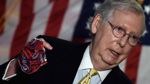 US Senate Majority Leader Mitch McConnell speaks to the press after a Republican policy lunch on Capitol Hill in Washington, DC on July 21, 2020. (Photo by Olivier DOULIERY / AFP) (Photo by OLIVIER DOULIERY/AFP via Getty Images)