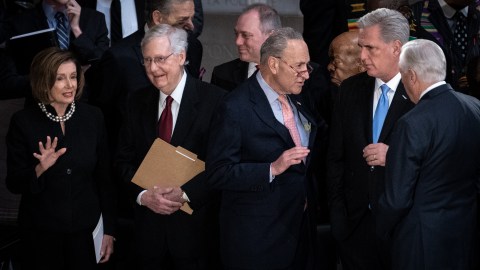 WASHINGTON, DC - OCTOBER 24: House Speaker Nancy Pelosi (D-CA) talks with Senate Majority Leader Mitch McConnell (R-KY) as Senate Minority Leader Chuck Schumer (D-NY) talks with House Minority Leader Kevin McCarthy (R-CA) and House Majority Leader Steny Hoyer (D-MD) during a memorial service for the late Rep. Elijah Cummings (D-MD) at the Statuary Hall of the U.S. Capitol October 24, 2019 in Washington, DC. Rep. Cummings passed away on October 17, 2019 at the age of 68 from "complications concerning longstanding health challenges." (Photo by Erin Schaff-Pool/Getty Images)