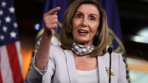 WASHINGTON, DC - AUGUST 13: Speaker of the House Nancy Pelosi (D-CA) talks to reporters during a news conference in the U.S. Capitol Visitors Center August 13, 2020 in Washington, DC. Pelosi highlighted the differences between House Democrats and the Trump Administration in their negotiations over coronavirus relief legislation, saying, "We're miles apart in our values."  (Photo by Chip Somodevilla/Getty Images)