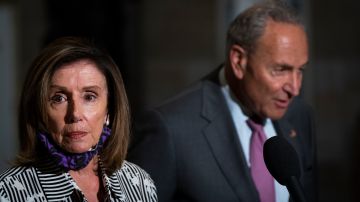 WASHINGTON, DC - JULY 28: (L-R) Speaker of the House Nancy Pelosi (D-CA) and Senate Minority Leader Chuck Schumer (D-NY) speak to reporters in Statuary Hall after they met with U.S. Treasury Secretary Steven Mnuchin and White House Chief of Staff Mark Meadows at the U.S. Capitol on July 28, 2020 in Washington, DC. Mnuchin and Meadows continue to lead the Trump administration's conronavirus economic stimulus negotiations on Capitol Hill. (Photo by Drew Angerer/Getty Images)es)