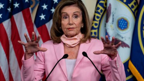 US Speaker of the House, Nancy Pelosi, Democrat of California, speaks during a press conference before the vote on the 'Delivering for America Act' to protect the postal system, on Capitol Hill in Washington, DC, on August 22, 2020. (Photo by ANDREW CABALLERO-REYNOLDS / AFP) (Photo by ANDREW CABALLERO-REYNOLDS/AFP via Getty Images)