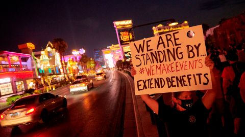 Events and entertainment workers gather in a protest to bring attention to their labor and unemployment on August 19, 2020 in Las Vegas, Nevada. - Entertainment and events have come to a halt during the COVID-19 pandemic highly impacting Las Vegass work force. (Photo by Bridget BENNETT / AFP) (Photo by BRIDGET BENNETT/AFP via Getty Images)