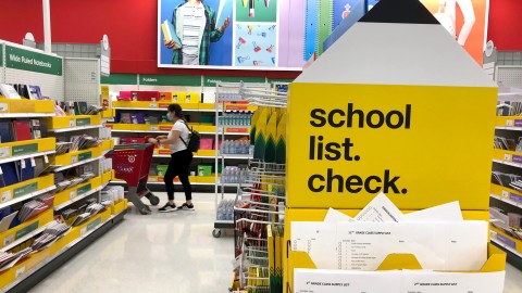 SAN RAFAEL, CALIFORNIA - AUGUST 03: Back-to-school supplies are displayed at a Target store on August 03, 2020 in San Rafael, California. In the midst of the ongoing coronavirus pandemic, back-to-school shopping has mostly moved to online sales, with purchases shifting from clothing to laptop computers and home schooling supplies. (Photo by Justin Sullivan/Getty Images)