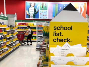SAN RAFAEL, CALIFORNIA - AUGUST 03: Back-to-school supplies are displayed at a Target store on August 03, 2020 in San Rafael, California. In the midst of the ongoing coronavirus pandemic, back-to-school shopping has mostly moved to online sales, with purchases shifting from clothing to laptop computers and home schooling supplies. (Photo by Justin Sullivan/Getty Images)