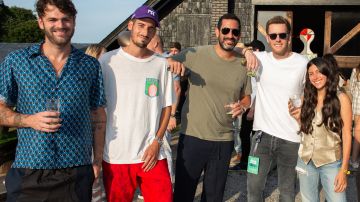 WATERMILL, NEW YORK - JULY 25: Alex Pall, Elliott Tebele, Maurice Tebele, Adam Alpert and Guest attend the Hamptons Magazine x The Chainsmokers VIP Dinner at The Barn at Nova's Ark on July 25, 2020 in Watermill, New York. (Photo by Mark Sagliocco/Getty Images for Hamptons Magazine)