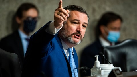 WASHINGTON, DC - JUNE 03: U.S. Sen. Ted Cruz (R-TX) questions former Deputy Attorney General Rod Rosenstein at hearing of the Senate Judiciary Committee on Capitol Hill on June 03, 2020 in Washington, DC. The Republican-led panel is exploring issues raised with warrants issued in the FBI investigation, code named Crossfire Hurricane at the time, of Trump campaign officials in the 2016 presidential race. (Photo by Jim Lo Scalzo-Pool/Getty Images)