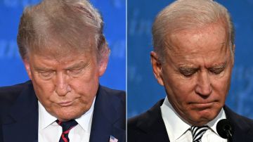 (COMBO) This combination of pictures created on September 29, 2020 shows US President Donald Trump (L) and Democratic Presidential candidate and former US Vice President Joe Biden during the first presidential debate at Case Western Reserve University and Cleveland Clinic in Cleveland, Ohio, on September 29, 2020. (Photos by SAUL LOEB and JIM WATSON / AFP) (Photo by SAUL LOEB,JIM WATSON/AFP via Getty Images)