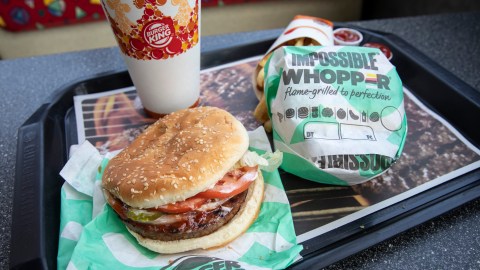 NEW YORK, NY - AUGUST 8: In this photo illustration, the new Impossible Whopper sits on a table at a Burger King restaurant on August 8, 2019 in the Brooklyn borough of New York City. On Thursday, Burger King is launching its soy-based Impossible Whopper at locations nationwide. The meatless patties are produced by California tech startup Impossible Foods. A single Impossible Whopper sandwich costs $5.99. (Photo by Drew Angerer/Getty Images)