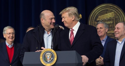 THURMONT, MD - JANUARY 6: (AFP OUT) U.S. President Donald Trump and National Economic Council Director Gary Cohn affirm their support for each other at Camp David on January 6, 2018 in Thurmont, Maryland. President Trump met with staff, members of his Cabinet and Republican members of Congress to discuss the Republican legislative agenda for 2018. (Photo by Chris Kleponis-Pool/Getty Images)