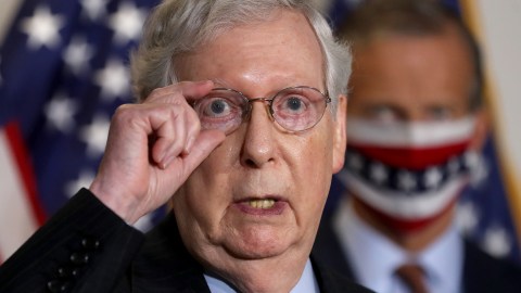WASHINGTON, DC - SEPTEMBER 30: Senate Majority Leader Mitch McConnell (R-KY) talks to reporters following the weekly Senate Republican policy luncheon in the Hart Senate Office Building on Capitol Hill on September 30, 2020 in Washington, DC. Despite talks between Treasury Secretary Steven Mnuchin and Speaker of the House Nancy Pelosi (D-CA), McConnell said that Senate Republicans and House Democrats are still far apart on coronavirus relief legislation. (Photo by Chip Somodevilla/Getty Images)