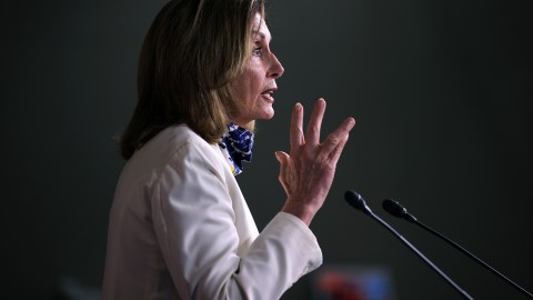 WASHINGTON, DC - OCTOBER 01: Speaker of the House Nancy Pelosi (D-CA) talks to reporters during her weekly news conference in the House Visitors Center at the U.S. Capitol on October 01, 2020 in Washington, DC. Pelosi had a warning for President Donald Trump not to place hope in maneuvers in Congress to help him win the November election. 'Don't cause chaos,' she said. 'Because that light at the end of the tunnel in the House is going to be a train coming right at your plan.' (Photo by Chip Somodevilla/Getty Images)