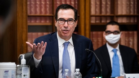 WASHINGTON, DC - JUNE 10: U.S. Treasury Secretary Steven Mnuchin speaks at a Senate Small Business and Entrepreneurship Committee hearing on June 10, 2020 in Washington, DC. The committee is examining the implementation of the CARES Act, which has handed out billions of dollars of government-backed forgivable loans to small-business owners that keep employees on their payroll. (Photo by Al-Drago-Pool/Getty Images)