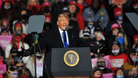 OMAHA, NE - OCTOBER 27: US President Donald Trump speaks during a campaign rally on October 27, 2020 in Omaha, Nebraska.  With the presidential election one week away, candidates of both parties are attempting to secure their standings in important swing states. (Photo by Steve Pope/Getty Images)