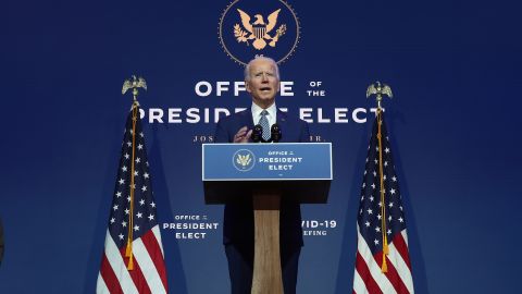 WILMINGTON, DELAWARE - NOVEMBER 09:  U.S. President-elect Joe Biden speaks to the media after receiving a briefing from the transition COVID-19 advisory board on November 09, 2020 at the Queen Theater in Wilmington, Delaware. Mr. Biden spoke about how his administration would respond to the coronavirus pandemic. (Photo by Joe Raedle/Getty Images)