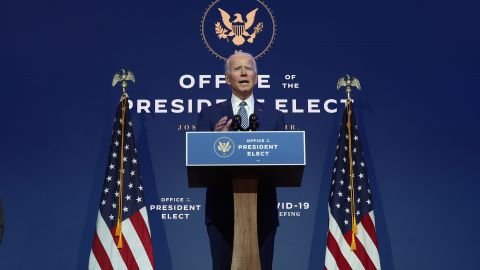 WILMINGTON, DELAWARE - NOVEMBER 09: U.S. President-elect Joe Biden speaks to the media after receiving a briefing from the transition COVID-19 advisory board on November 09, 2020 at the Queen Theater in Wilmington, Delaware. Mr. Biden spoke about how his administration would respond to the coronavirus pandemic. (Photo by Joe Raedle/Getty Images)