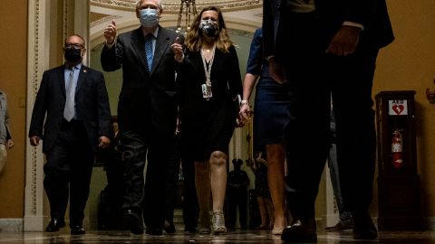 WASHINGTON, DC - OCTOBER 26: Senate Majority Leader Mitch McConnell (R-KY) leaves the Senate floor after the Senate voted to confirm Judge Amy Coney Barrett to the Supreme Court on October 26, 2020 in Washington, DC. Judge Amy Coney Barrett was nominated to replace Associate Justice Ruth Bader Ginsburg after her passing. (Photo by Samuel Corum/Getty Images)