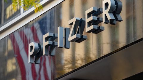 NEW YORK, NY - NOVEMBER 09: A sign for Pfizer is seen outside the Pfizer headquarters on November 9, 2020 in New York City. Pharmaceutical company Pfizer announced positive early results on its Covid-19 vaccine trial and has proven to be 90% effective in preventing infection of the virus. (Photo by David Dee Delgado/Getty Images)