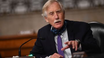 WASHINGTON, DC - MAY 07: Sen. Angus King, I-Maine, questions witnesses during a Senate Armed Services hearing on Capitol Hill in Washington, DC on Thursday, May 7, 2020.  The hearing is being held to examine the nominations of Kenneth J. Braithwaite to be Secretary of the Navy, James H. Anderson to be a Deputy Under Secretary, and General Charles Q. Brown, Jr. to be Chief of Staff, United States Air Force.  (Photo by Kevin Dietsch-Pool/Getty Images)