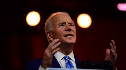 WILMINGTON, DE - NOVEMBER 25: President-elect Joe Biden delivers a Thanksgiving address at the Queen Theatre on November 25, 2020 in Wilmington, Delaware. As Biden waits to be approved for official national security briefings, the names of top members of his national security team were announced yesterday to the public. Calls continue for President Trump to concede the election and let the transition proceed without further delay. (Photo by Mark Makela/Getty Images)