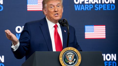 US President Donald Trump speaks during the Operation Warp Speed Vaccine Summit in the Eisenhower Executive Office Building adjacent to the White House in Washington, DC on December 8, 2020. - US President Donald Trump on Tuesday signed an executive order "to ensure that American citizens have first priority to receive American vaccines."
It is unclear how the order would be enforced, as vaccine makers have already inked in deals with other countries. (Photo by SAUL LOEB / AFP) (Photo by SAUL LOEB/AFP via Getty Images)