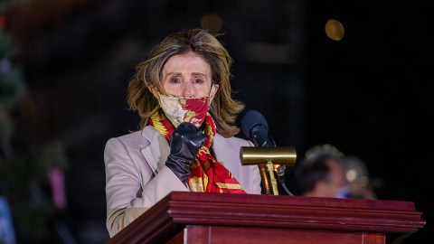 WASHINGTON, DC - DECEMBER 02: U.S. House Speaker Nancy Pelosi (D-CA) participates in the lighting of the Capitol Christmas tree on the West Lawn of the U.S. Capitol Building December 02, 2020 in Washington, DC. The 55-foot tall, 25-foot wide Engelmann spruce was harvested in western Colorado November 5 before being decorated by crews for today's lighting.  (Photo by Tasos Katopodis/Getty Images)