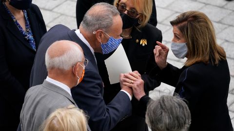 WASHINGTON, DC - SEPTEMBER 25: Speaker of the House Nancy Pelosi of Calif., right, talks with Senate Majority Leader Chuck Schumer of New York after Justice Ruth Bader Ginsburg lied in state at the U.S. Capitol, on September 25, 2020 in Washington, DC. Ginsburg, who was appointed by former U.S. President Bill Clinton, served on the high court from 1993, until her death on September 18, 2020. She is the first woman to lie in state at the Capitol. (Photo by Alex Brandon - Pool/Getty Images)