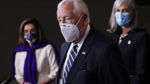 WASHINGTON, DC - NOVEMBER 18: House Majority Leader Steny Hoyer (D-MD) talks to reporters after being re-elected to his leadership position along with Speaker of the House Nancy Pelosi (D-CA) (L) and Assitant Speaker Katherine Clark (D-MA) at the U.S. Capitol November 18, 2020 in Washington, DC. The conference leadership elections were conducted with some members in-person at a Washington hotel and others joining by Zoom due to the risk posed by the coronavirus pandemic. (Photo by Chip Somodevilla/Getty Images)