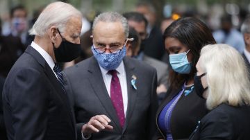 NEW YORK, NEW YORK - SEPTEMBER 11: Democratic presidential nominee Joe Biden (L) and Sen. Chuck Schumer (D-NY) (C) attend a 9/11 memorial service at the National September 11 Memorial and Museum on September 11, 2020 in New York City. The ceremony to remember those who were killed in the terror attacks 19 years ago will be altered this year in order to adhere to safety precautions around COVID-19 transmission. (Photo by Amr Alfiky - Pool/Getty Images)