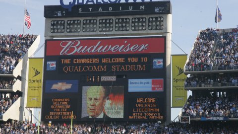 SAN DIEGO - DECEMBER 31: The message board at Qualcomm Stadium shows an image of former President Gerald Ford, who recently passed away, before the Arizona Cardinals game against the San Diego Chargers at Qualcomm Stadium on December 31, 2006 in San Diego, California. The Chargers won 27-20. (Photo by Stephen Dunn/Getty Images)
