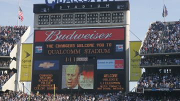 SAN DIEGO - DECEMBER 31:  The message board at Qualcomm Stadium shows an image of former President Gerald Ford, who recently passed away, before the Arizona Cardinals game against the San Diego Chargers at Qualcomm Stadium on December 31, 2006 in San Diego, California. The Chargers won 27-20. (Photo by Stephen Dunn/Getty Images)