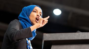 Minnesota's Representative Ilhan Omar speaks to the crowd during a rally for Democratic presidential hopeful Vermont Senator Bernie Sanders at The Saint Paul River Centre on March 2, 2020 in Saint Paul, Minnesota, on the eve of "Super Tuesday" Democratic presidential primaries. (Photo by Kerem Yucel / AFP) (Photo by KEREM YUCEL/AFP via Getty Images)