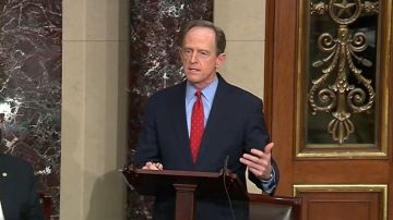 WASHINGTON, DC - JANUARY 6: In this screenshot taken from a congress.gov webcast, Sen. Pat Toomey (R-PA) speaks during a Senate debate session to ratify the 2020 presidential election at the U.S. Capitol on January 6, 2021 in Washington, DC. Congress has reconvened to ratify President-elect Joe Biden's 306-232 Electoral College win over President Donald Trump, hours after a pro-Trump mob broke into the U.S. Capitol and disrupted proceedings.  (Photo by congress.gov via Getty Images)