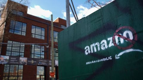 NEW YORK, NY - JANUARY 9: A protest message directed at Amazon is spray painted on a wall near a construction site January 9, 2019 in the Long Island City neighborhood of the Queens borough of New York City. Last November, Amazon announced that it has chosen Long Island City and Crystal City in Arlington, Virginia as the two locations which will both serve as additional headquarters for the company. (Photo by Drew Angerer/Getty Images)