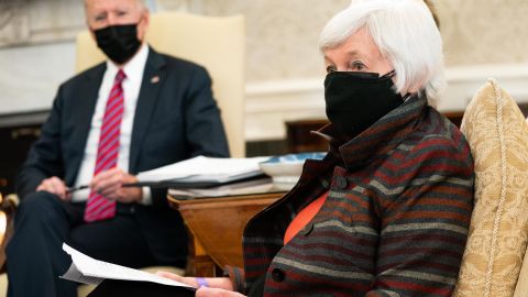 WASHINGTON, DC - JANUARY 29: (L-R) U.S. President Joe Biden meets with Treasury Secretary Janet Yellen
in the Oval Office of the White House on January 29, 2021 in Washington, DC. Biden and the administration officials in the room stressed the need to urgently pass a COVID-19 relief package. (Photo by Anna Moneymaker-Pool/Getty Images)