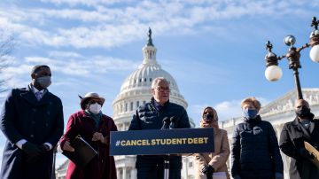 WASHINGTON, DC - FEBRUARY 4: Senate Majority Leader Chuck Schumer (D-NY) speaks during a press conference about student debt outside the U.S. Capitol on February 4, 2021 in Washington, DC. Also pictured, L-R, Rep. Mondaire Jones (D-NY), Rep. Alma Adams (D-NC), Rep. Ilhan Omar (D-MN), Sen. Elizabeth Warren (D-MA) and Rep. Ayanna Pressley (D-MA). The group of Democrats re-introduced their resolution calling on President Joe Biden to take executive action to cancel up to $50,000 in debt for federal student loan borrowers. (Photo by Drew Angerer/Getty Images)