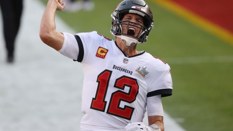 TAMPA, FLORIDA - FEBRUARY 07: Tom Brady #12 of the Tampa Bay Buccaneers shouts as he takes the field before Super Bowl LV against the Kansas City Chiefs at Raymond James Stadium on February 07, 2021 in Tampa, Florida. (Photo by Patrick Smith/Getty Images)
