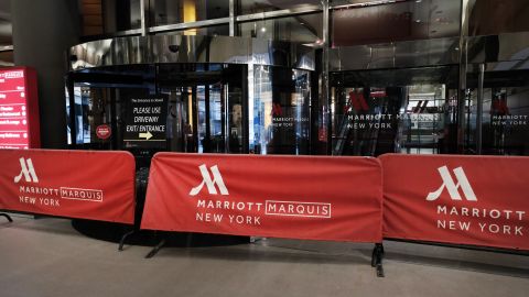 NEW YORK, NY - MARCH 22: The Marriott hotel in Times Square is barricaded as much of the city is void of cars and pedestrians over fears of spreading the coronavirus on March 22, 2020 in New York City. Marriott has announced furlough thousands of workers at its properties throughout the country. Across the country schools, businesses and places of work have either been shut down or are restricting hours of operation as health officials try to slow the spread of COVID-19. (Photo by Spencer Platt/Getty Images)