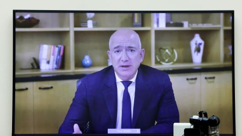 WASHINGTON, DC - JULY 29: Amazon CEO Jeff Bezos testifies via video conference during the House Judiciary Subcommittee on Antitrust, Commercial and Administrative Law hearing on Online Platforms and Market Power in the Rayburn House office Building, July 29, 2020 on Capitol Hill in Washington, DC. The committee was scheduled to hear testimony from the CEOs of Apple, Facebook, Amazon and Google. (Photo by Graeme Jennings-Pool/Getty Images)