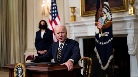 WASHINGTON, DC - FEBRUARY 24: U.S. President Joe Biden signs an Executive Order on the economy with Vice President Kamala Harris February 24, 2021 in the State Dining Room of the White House in Washington, DC. The order is intended to address a global shortage of semiconductors, or computer chips, as well as a multi-sector economic review regarding how to shore up supply chains. (Photo by Doug Mills-Pool/Getty Images)