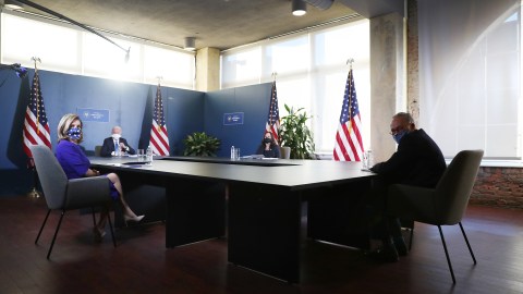 WILMINGTON, DELAWARE - NOVEMBER 20: U.S. President-elect Joe Biden and Vice President-elect Kamala Harris hold a meeting with Speaker of the House Nancy Pelosi (D-CA) and Senate Democratic Leader Chuck Schumer (D-NY) at the Queen Theater on November 20, 2020 in Wilmington, Delaware. Mr. Biden and his advisors continue the process of transitioning to the White House. (Photo by Joe Raedle/Getty Images)