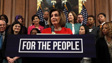WASHINGTON, DC - DECEMBER 19: U.S. Speaker of the House Rep. Nancy Pelosi (D-CA) speaks as other House Democrats look on during an event at the Rayburn Room of the U.S. Capitol December 19, 2019 in Washington, DC. House Democrats held an event celebrating the "legislative progress the House Democratic Majority has made For The People in 2019.” (Photo by Alex Wong/Getty Images)